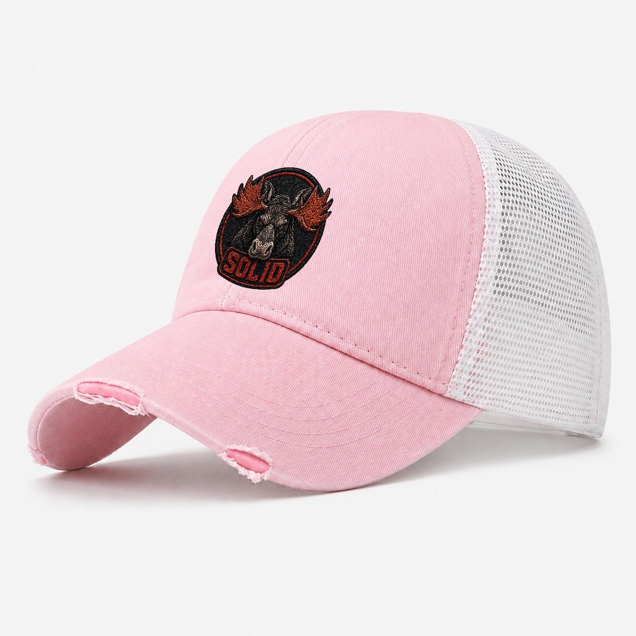 Moose Solid Badge Washed Trucker Hat – Light Pink