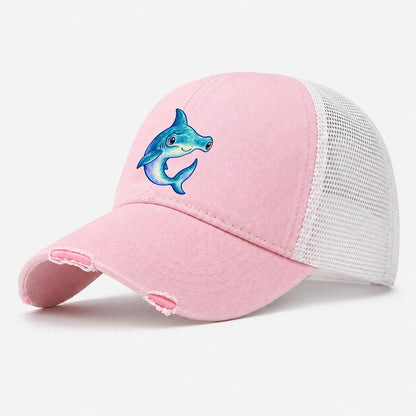 Hammerhead Shark Crescent Turn Sea Sprite Washed Trucker Hat – Light Pink