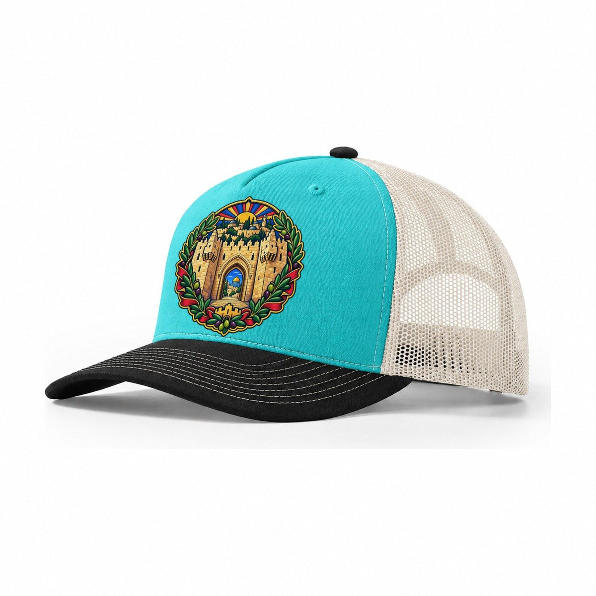 Damascus Gate Arch Jerusalem Trucker Hat – Aqua Black White