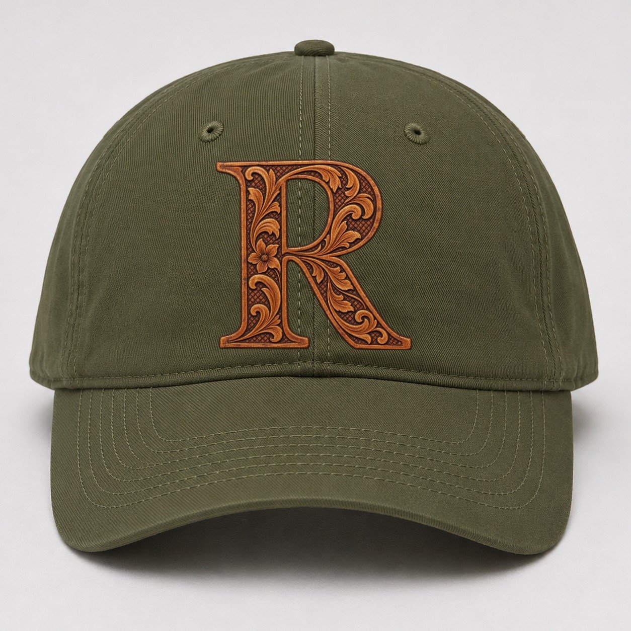 Tooled Leather R Monogram Baseball Cap – Army Green