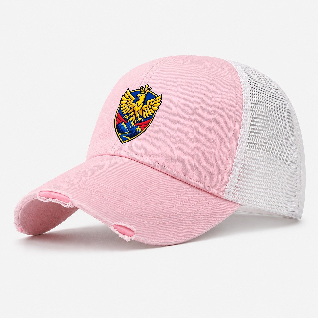 Romania Minimal Emblem Country Logos Washed Trucker Hat – Light Pink