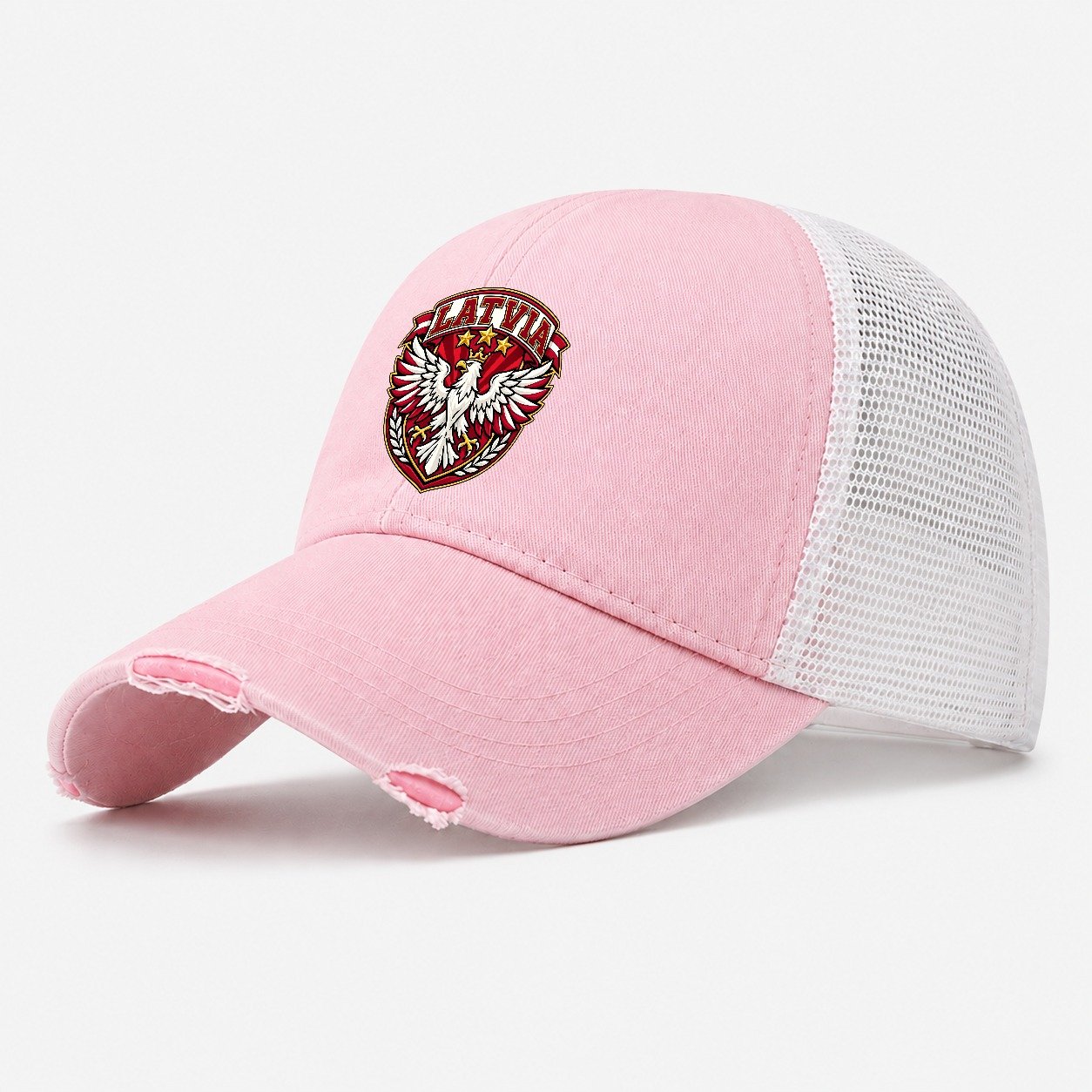 Latvia Retro Badge Country Logos Washed Trucker Hat – Light Pink