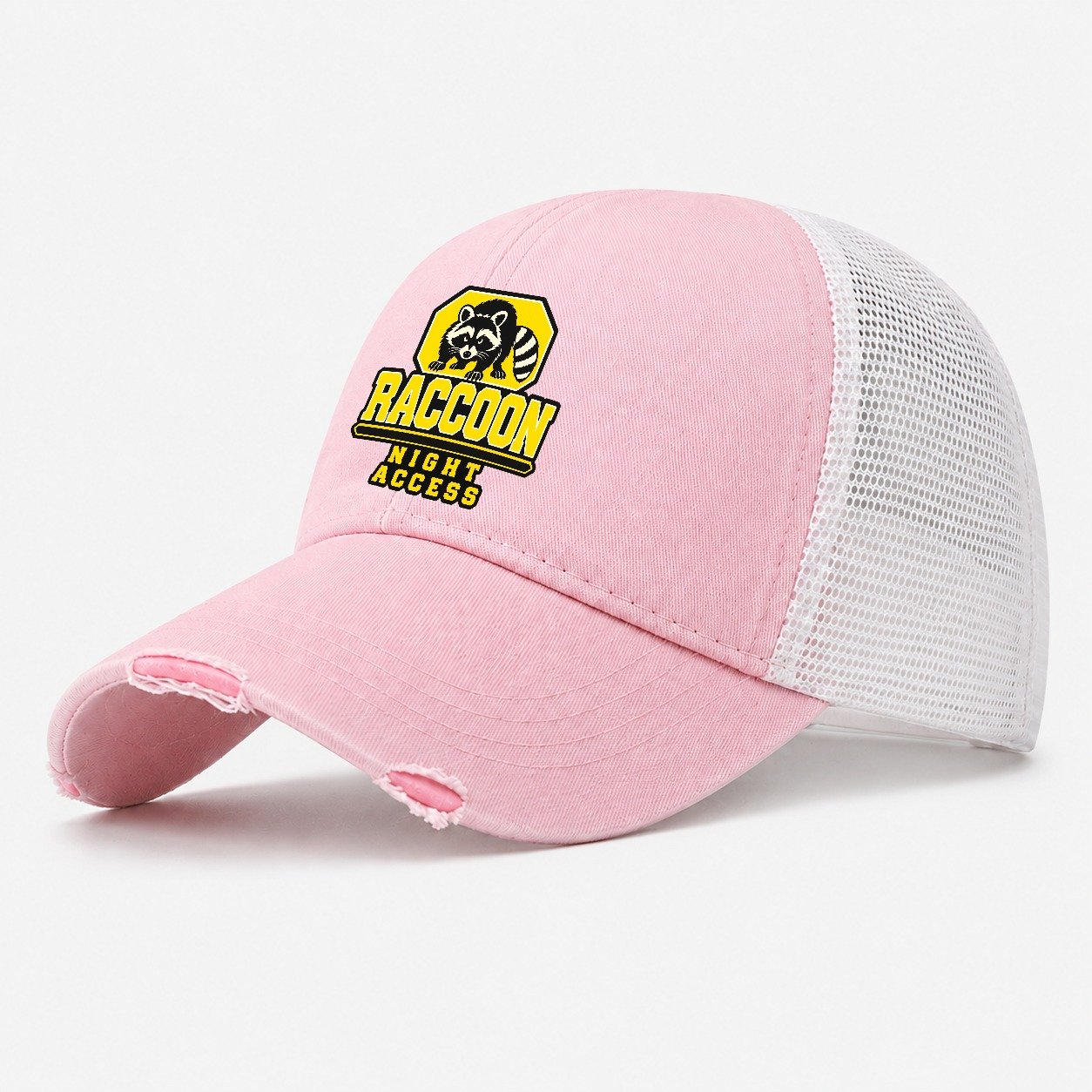 Raccoon Night Access Heavy Duty Washed Trucker Hat – Light Pink