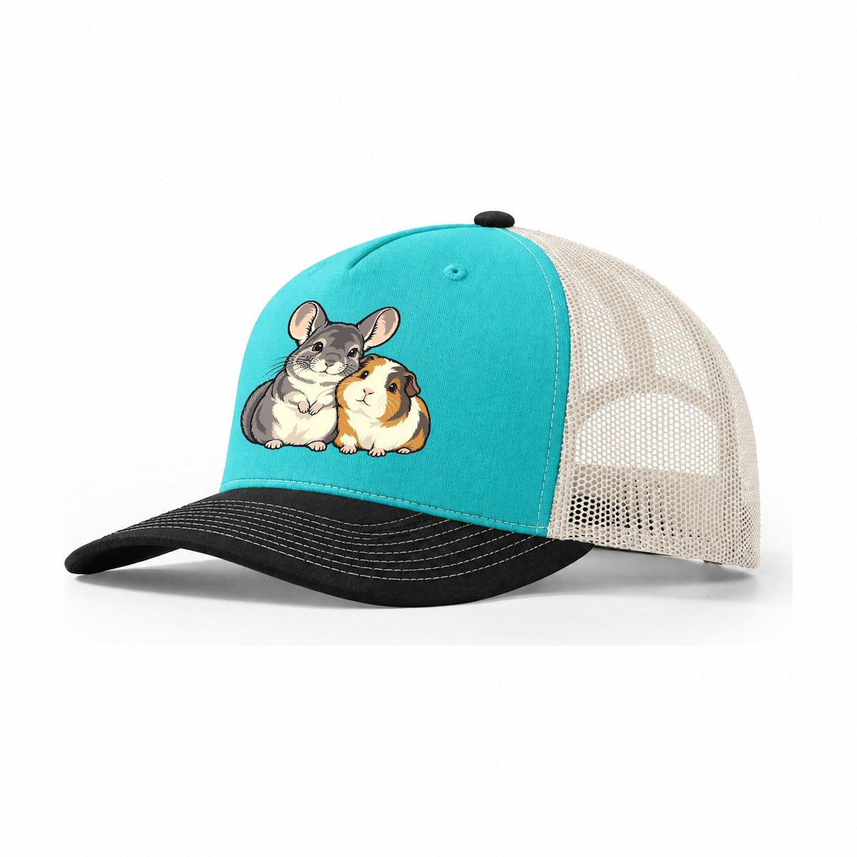 Chinchilla And Guinea Pig Small Pet Logos Trucker Hat – Aqua Black White