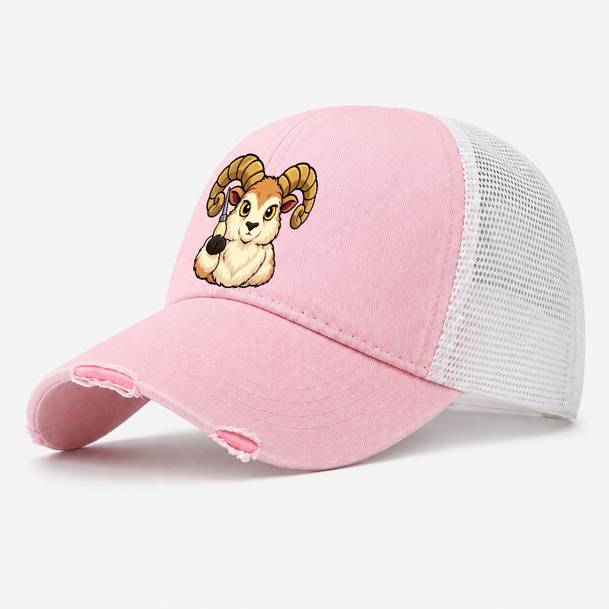 Ram With An Awl Leathercraft Washed Trucker Hat – Light Pink