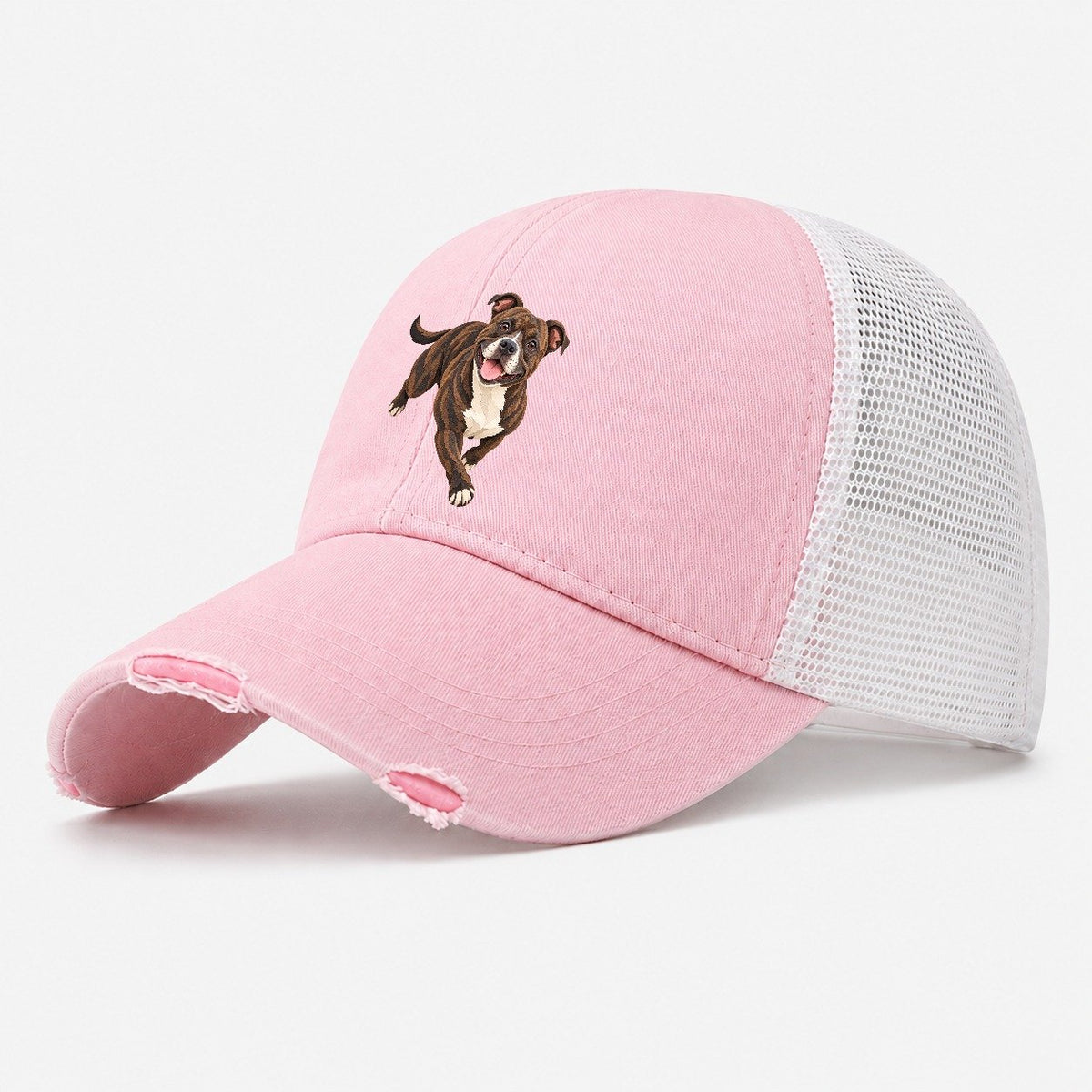 Happy Brindle Pitbull Washed Trucker Hat – Light Pink