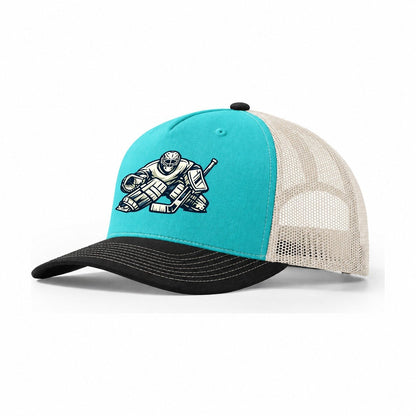 Hockey Goalie Right Hand Catch Trucker Hat – Aqua Black White