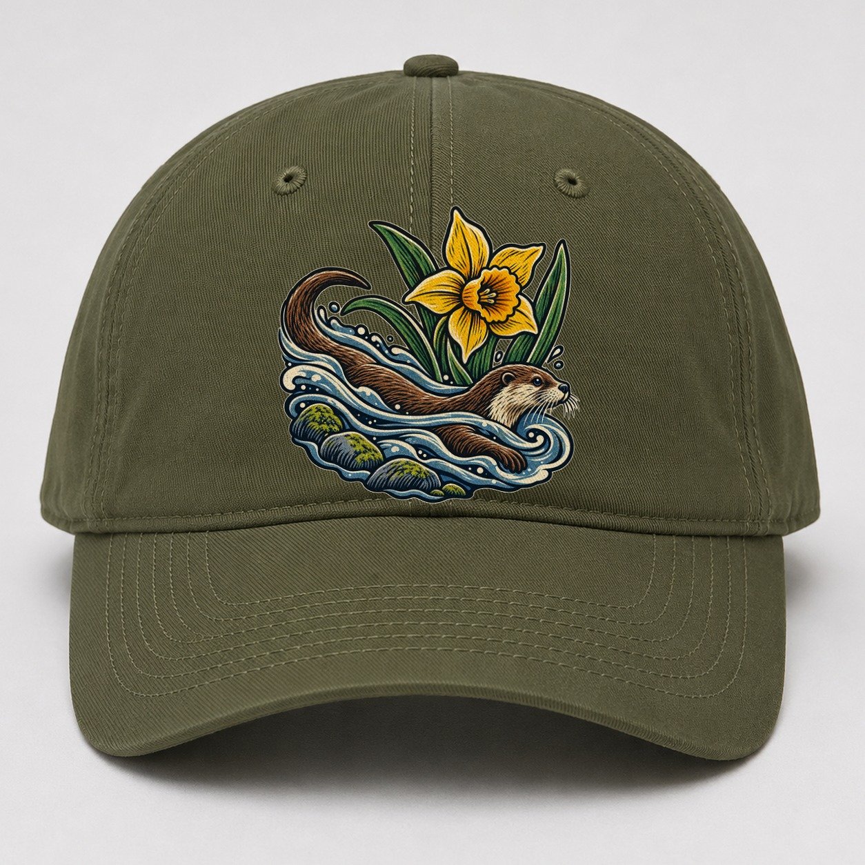 Welsh Otter And Daffodil Stream Uk Culture Heritage Baseball Cap – Army Green