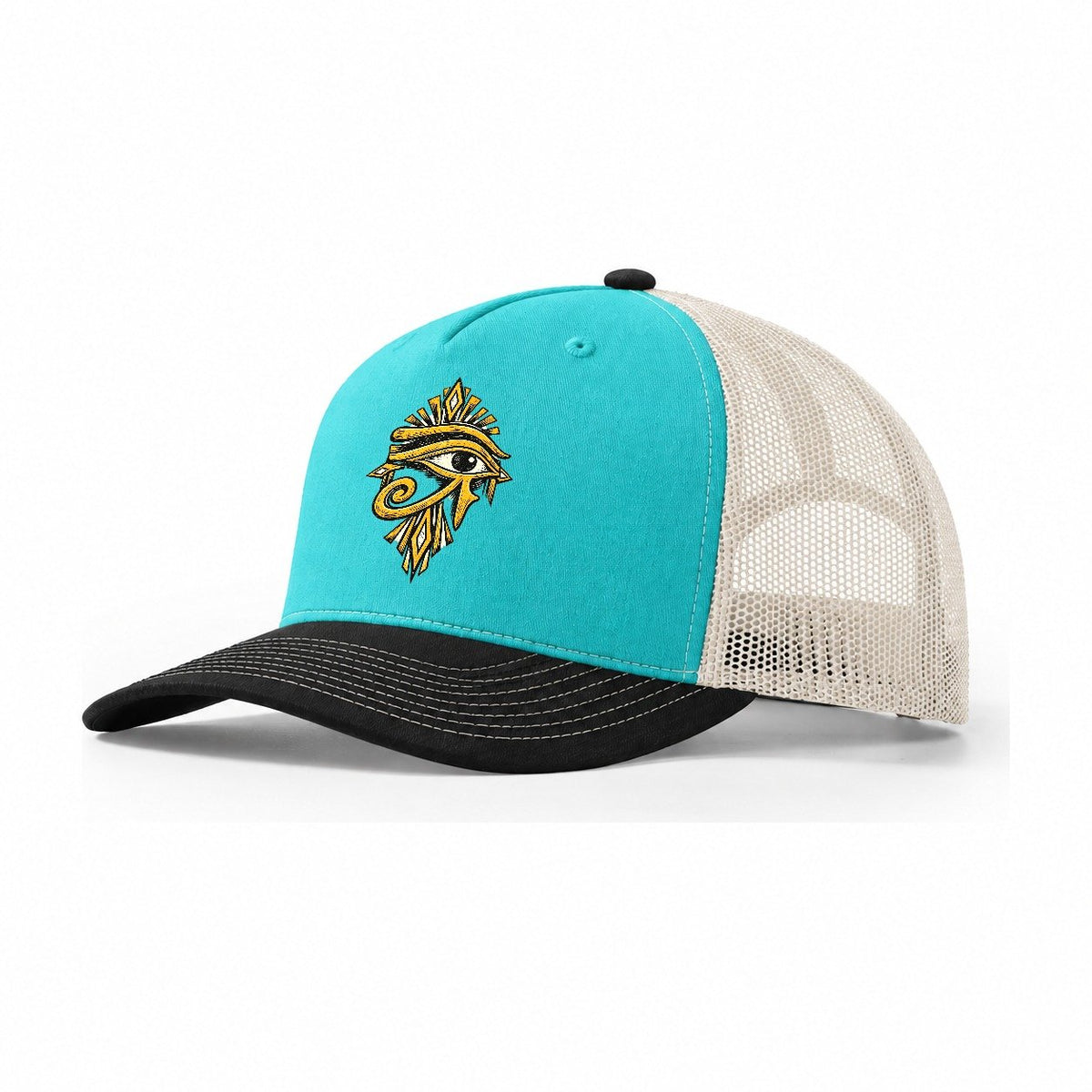 Eye of Horus Sunburst Trucker Hat – Aqua Black White