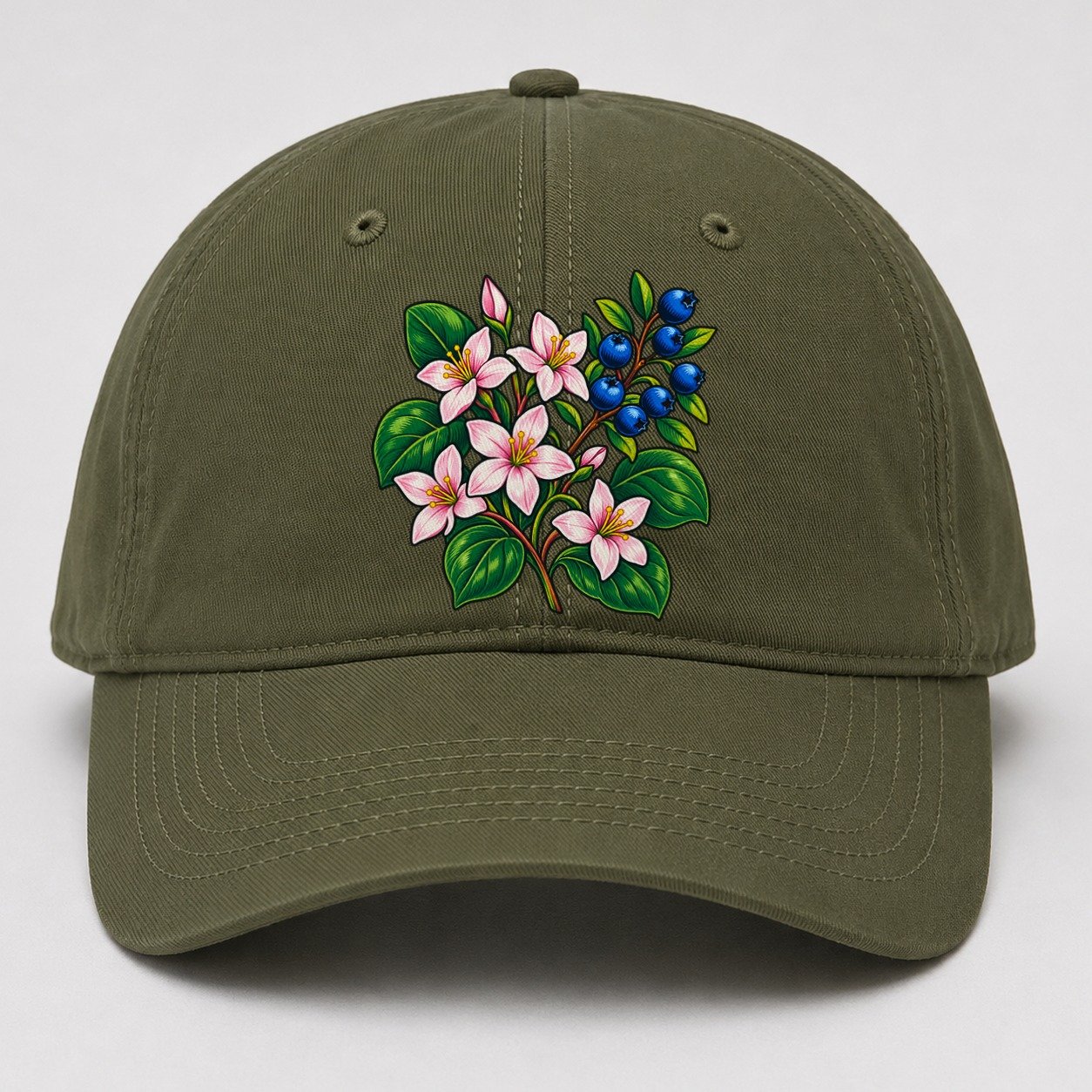 Nova Scotia Mayflower And Wild Blueberries Canada Cultural Icons Baseball Cap – Army Green