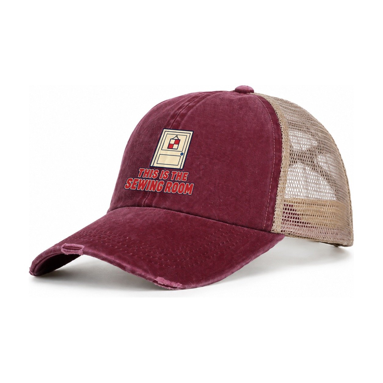 This Is The Sewing Room Sewing And Quilting Women's Ponytail Trucker Hat – Burgundy Khaki