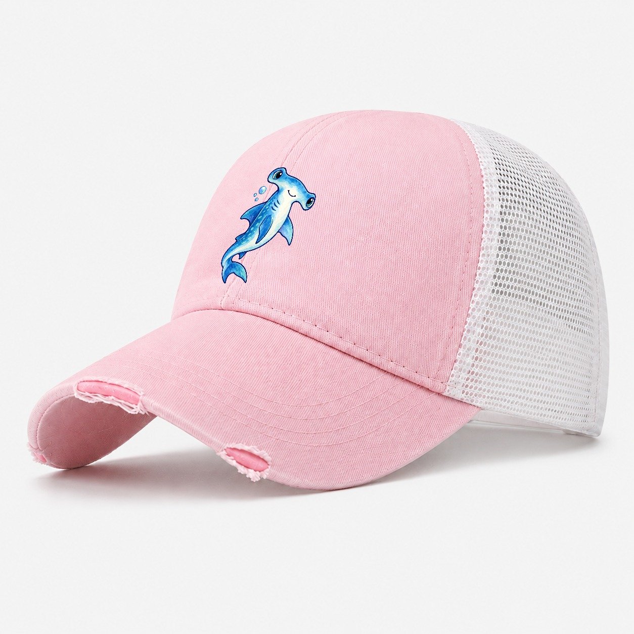 Hammerhead Shark Upward Swim Sea Sprite Washed Trucker Hat – Light Pink