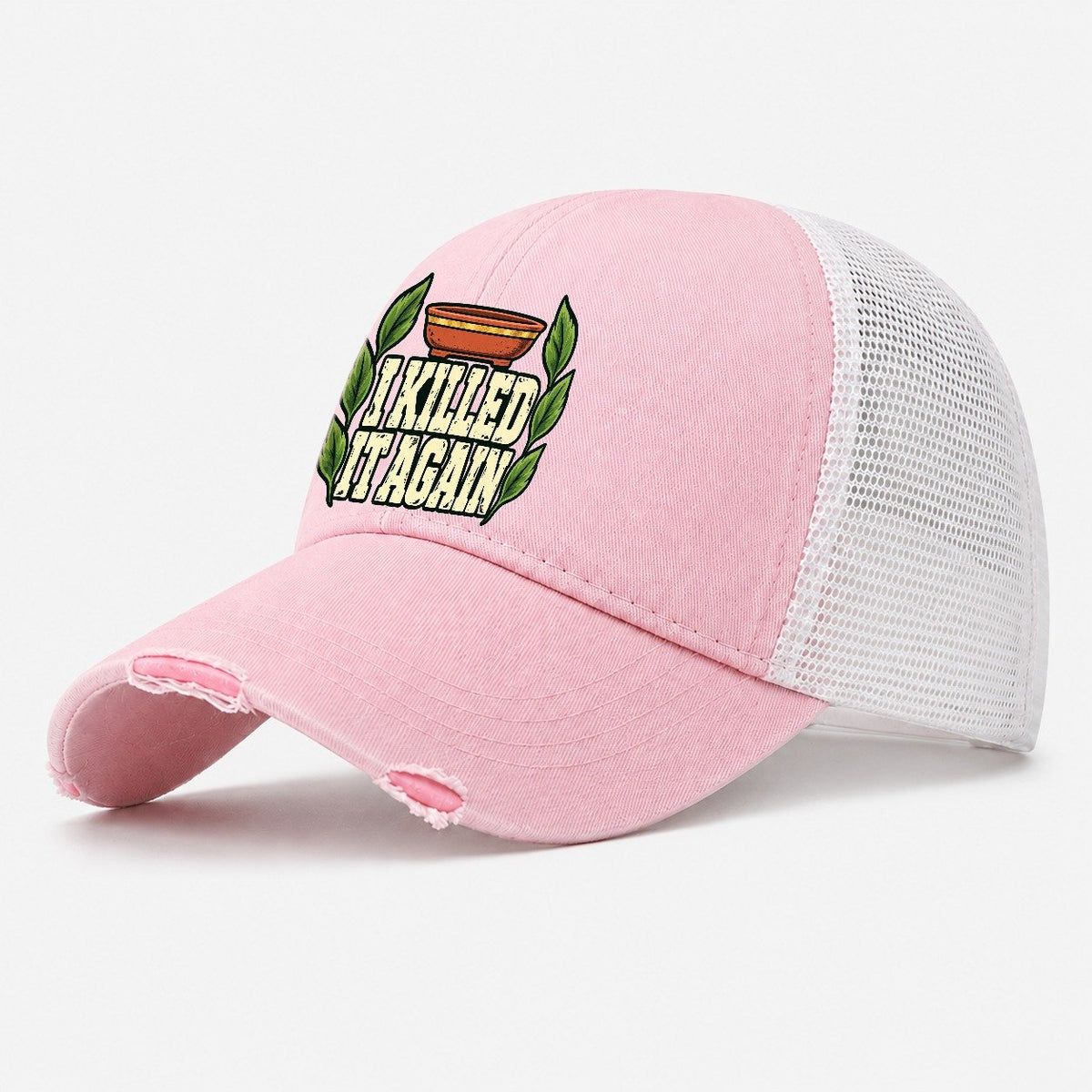 I Killed It Again Bonsai Washed Trucker Hat – Light Pink
