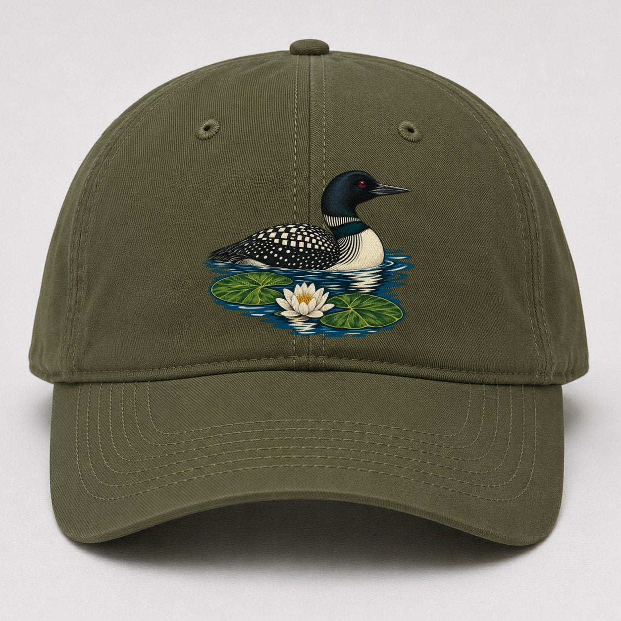 Common Loon And Water Lilies Canada Cultural Icons Baseball Cap – Army Green