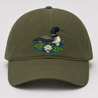 Common Loon And Water Lilies Canada Cultural Icons Baseball Cap – Army Green