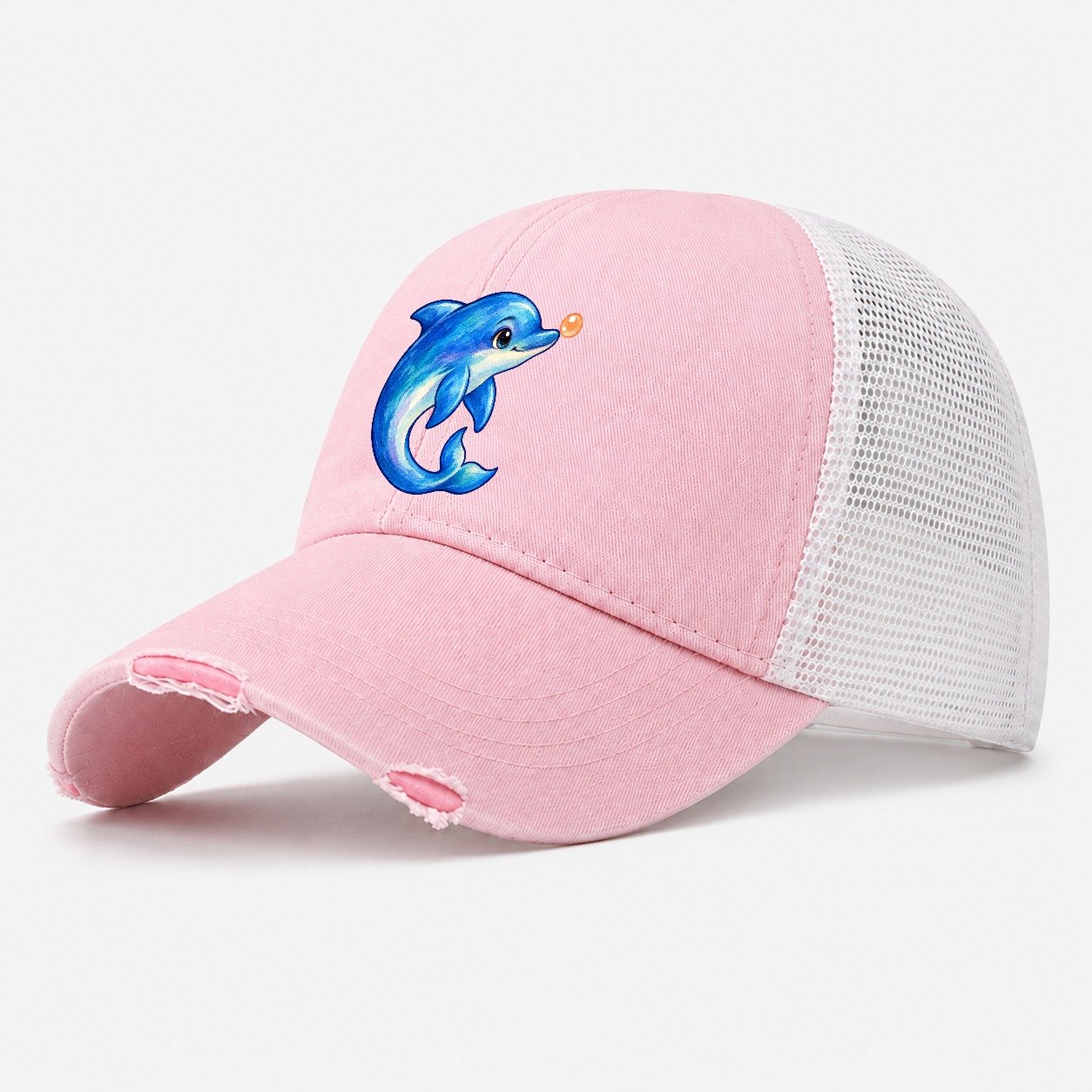 Dolphin Nose Boop Sea Sprite Washed Trucker Hat – Light Pink