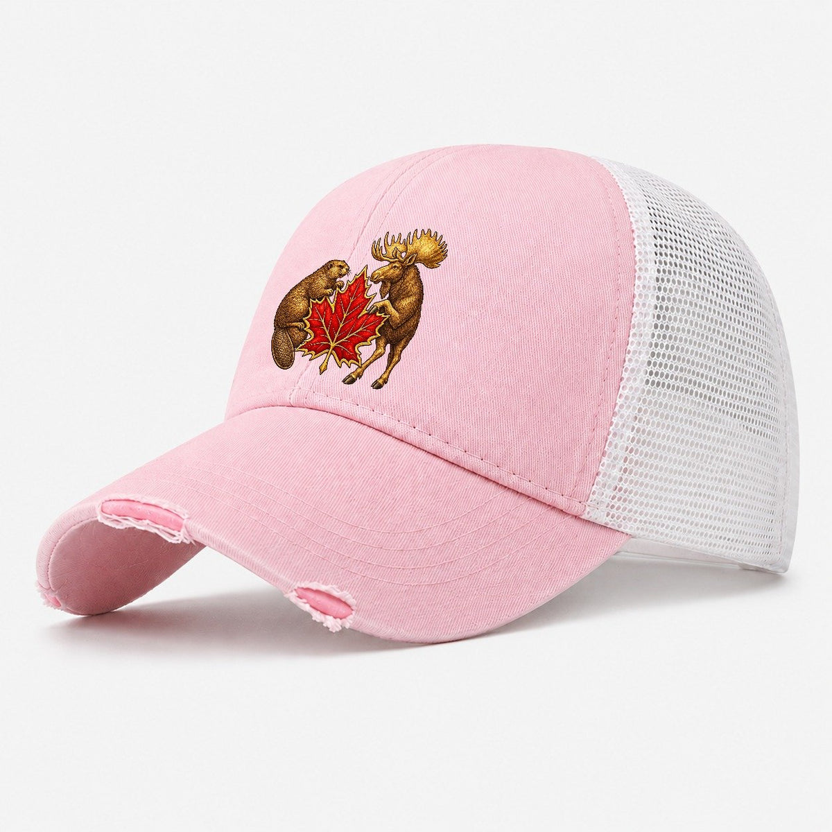 Canada Beaver And Moose Washed Trucker Hat – Light Pink