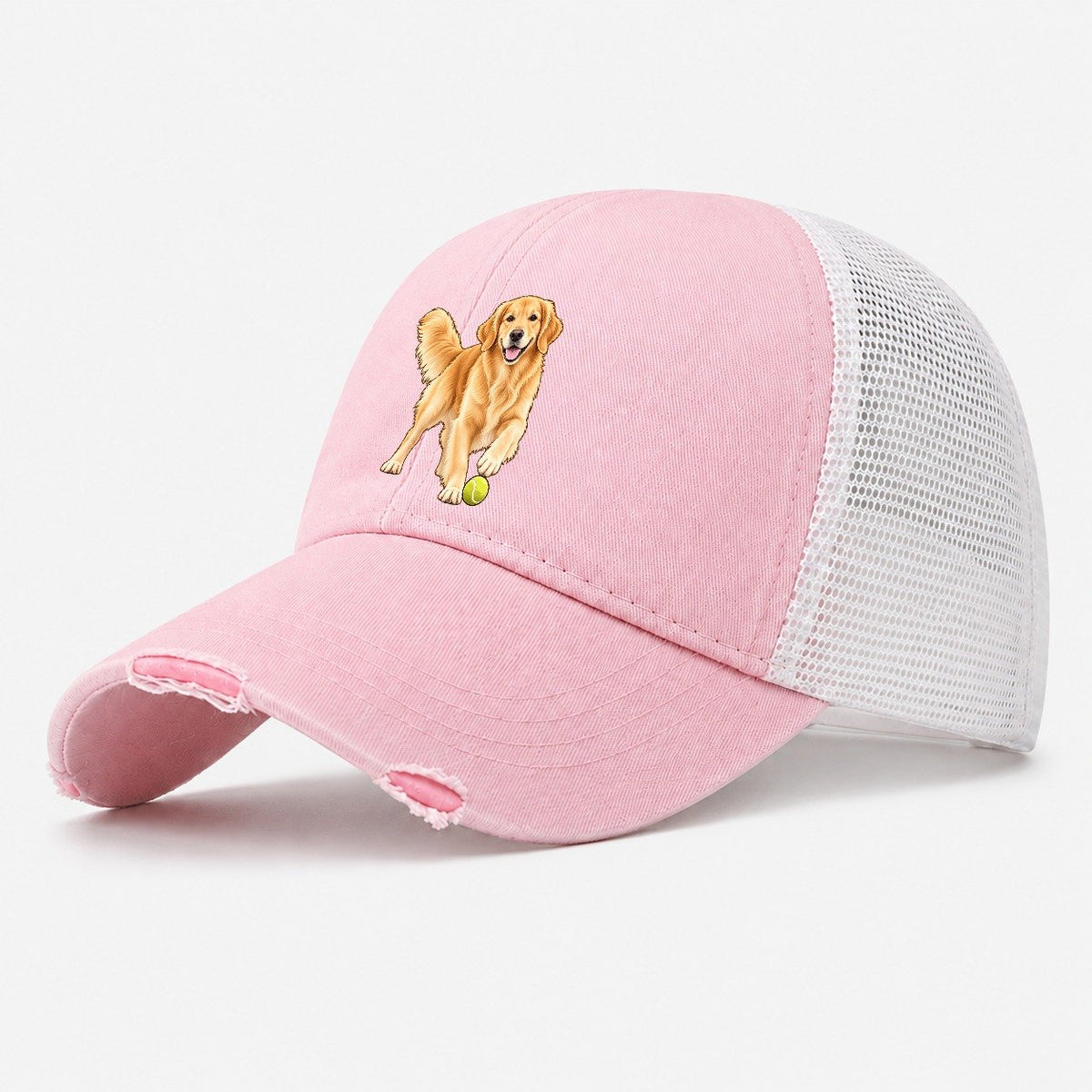 Golden Retriever with Tennis Ball Washed Trucker Hat – Light Pink