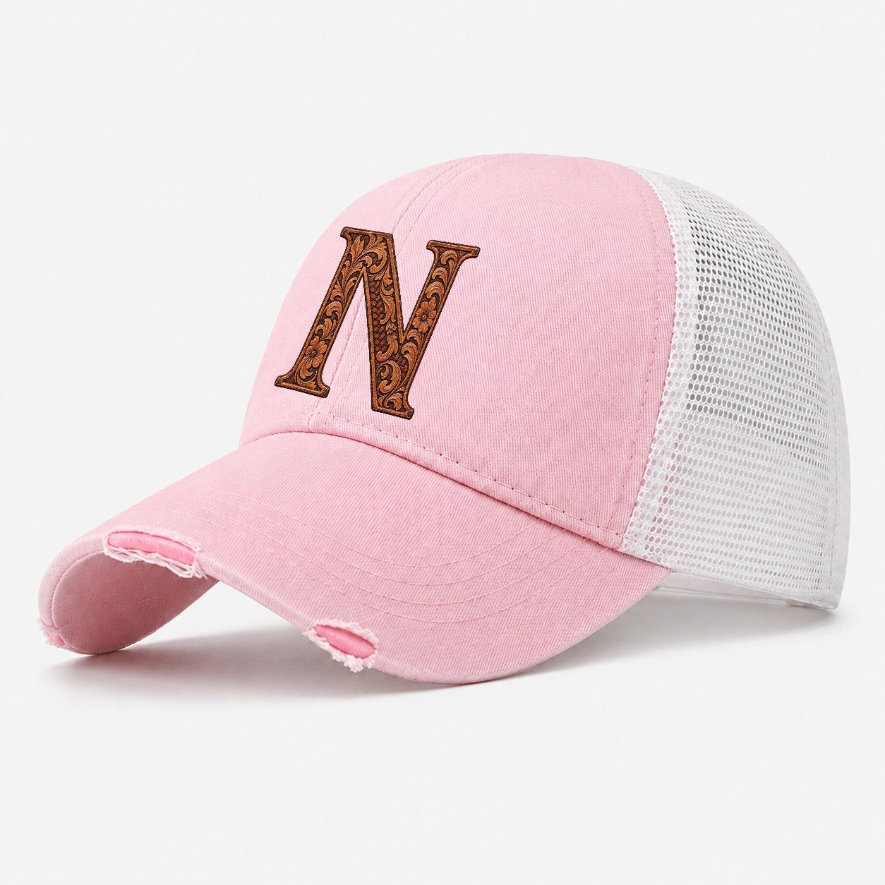 Tooled Leather N Monogram Washed Trucker Hat – Light Pink