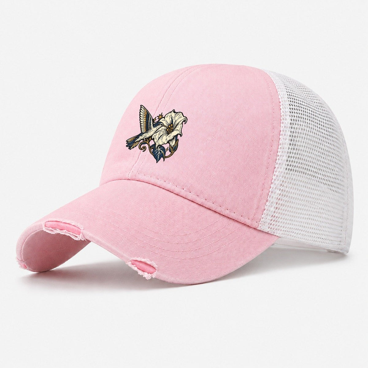 Hummingbird Night Flower Sundown Familiars Washed Trucker Hat – Light Pink