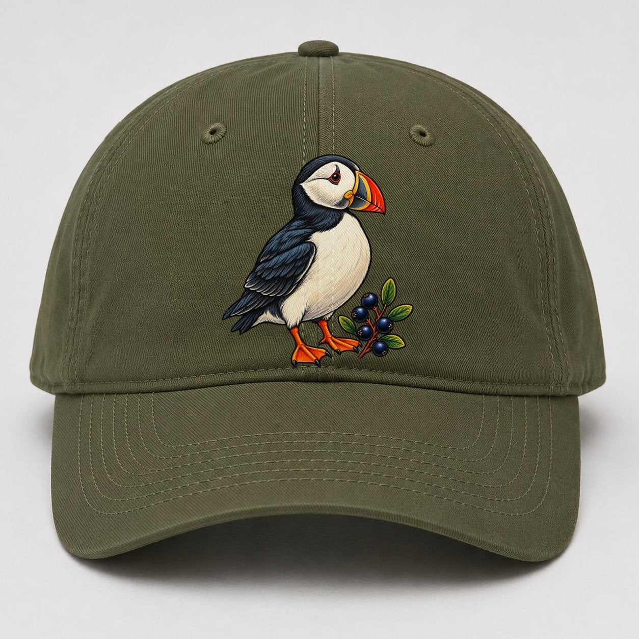 Atlantic Puffin And Crowberry Canada Cultural Icons Baseball Cap – Army Green