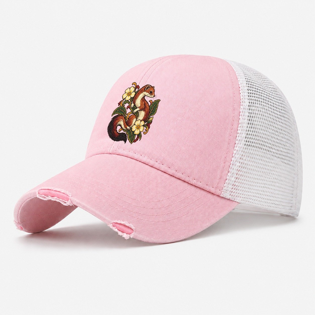 British Stoat And Primrose Uk Culture Heritage Washed Trucker Hat – Light Pink