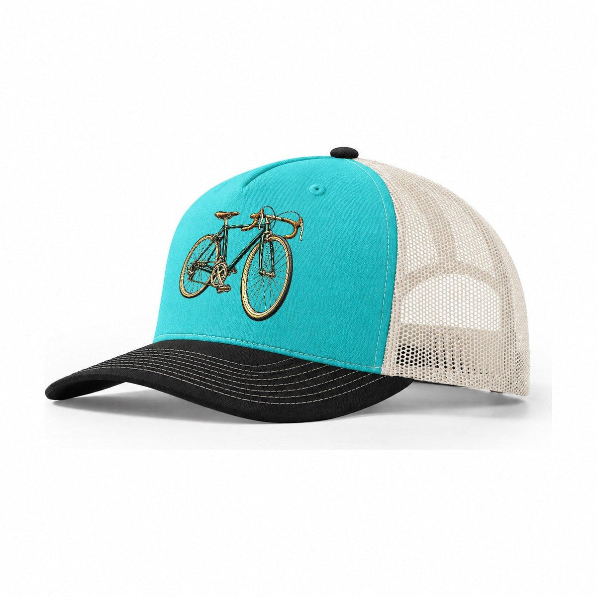 Road Bicycle Front Turn Pastimes Companions Trucker Hat – Aqua Black White