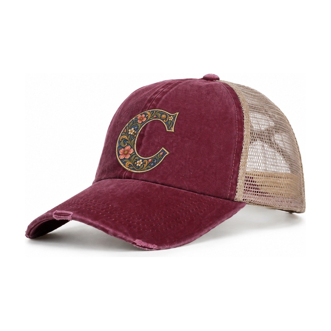 Wildflower C Monogram Women's Ponytail Trucker Hat – Burgundy Khaki