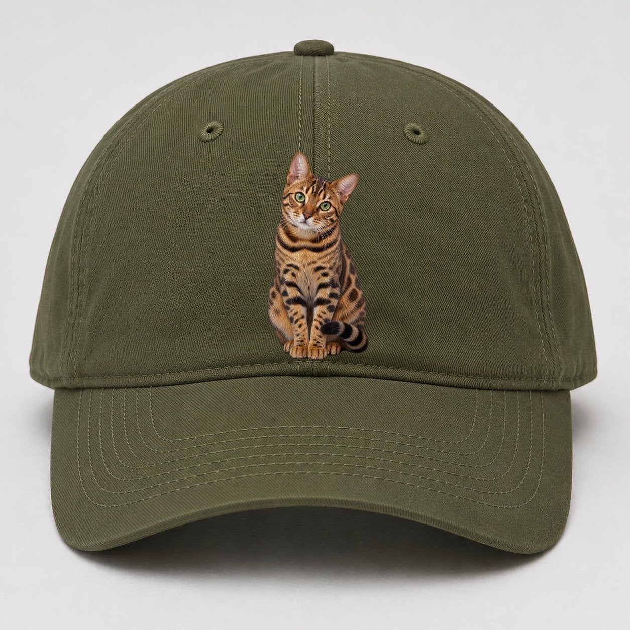 Bengal Seated Portrait Realistic Cat Portrait Baseball Cap – Army Green