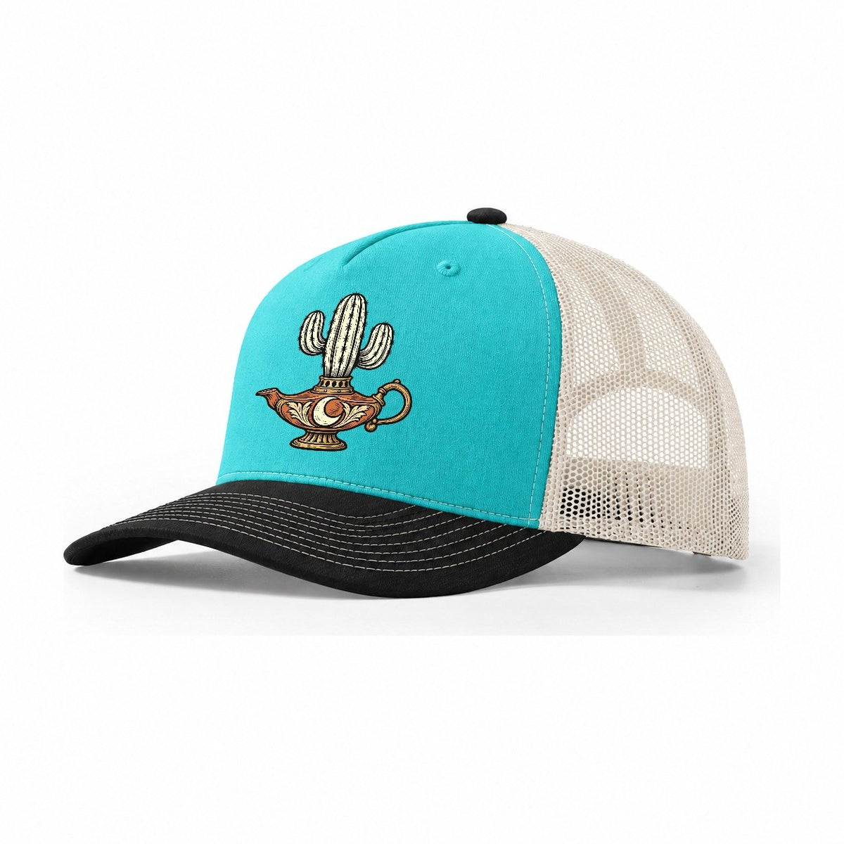 Cactus Night Lamp Sundown Familiars Trucker Hat – Aqua Black White