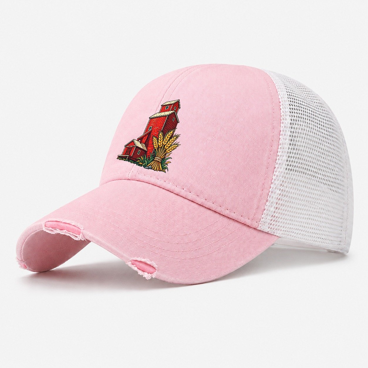 Prairie Grain Elevator And Wheat Sheaf Canada Cultural Icons Washed Trucker Hat – Light Pink
