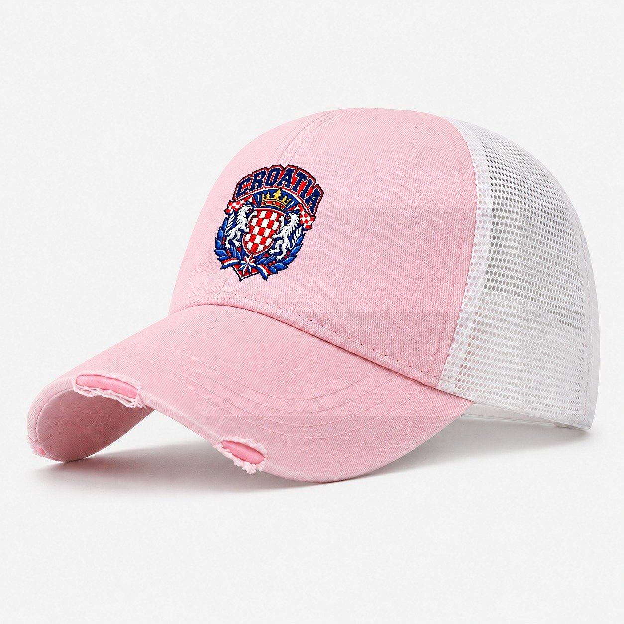Croatia Retro Badge Country Logos Washed Trucker Hat – Light Pink