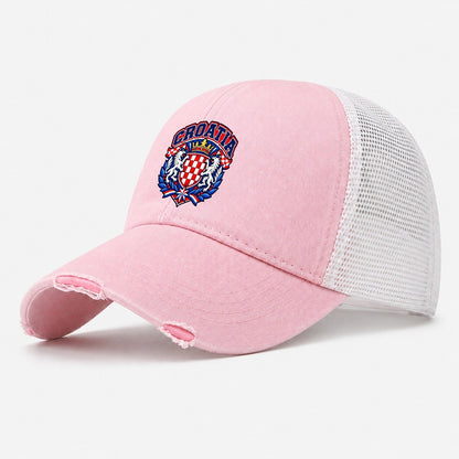 Croatia Retro Badge Country Logos Washed Trucker Hat – Light Pink
