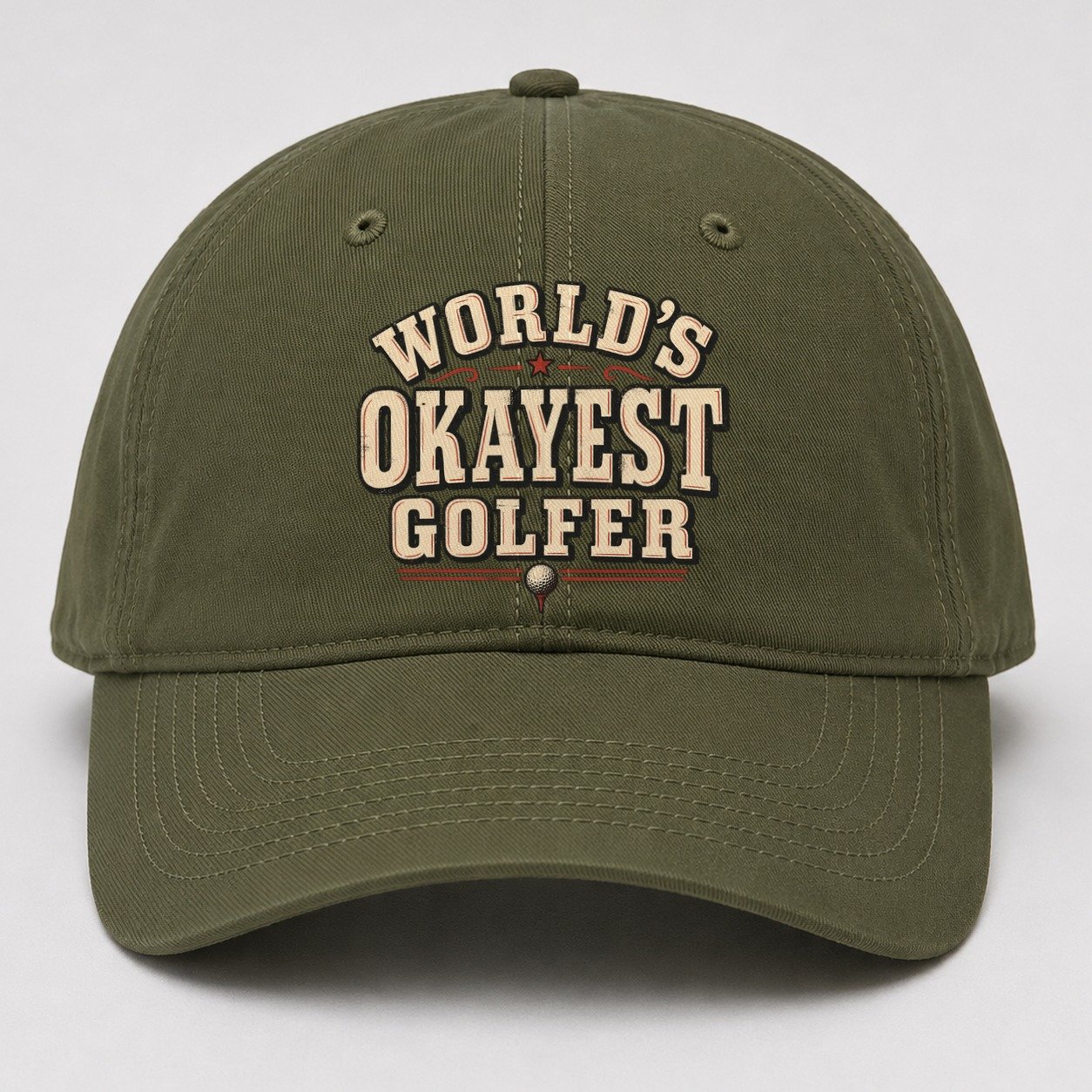 World S Okayest Golfer American Wit Baseball Cap – Army Green