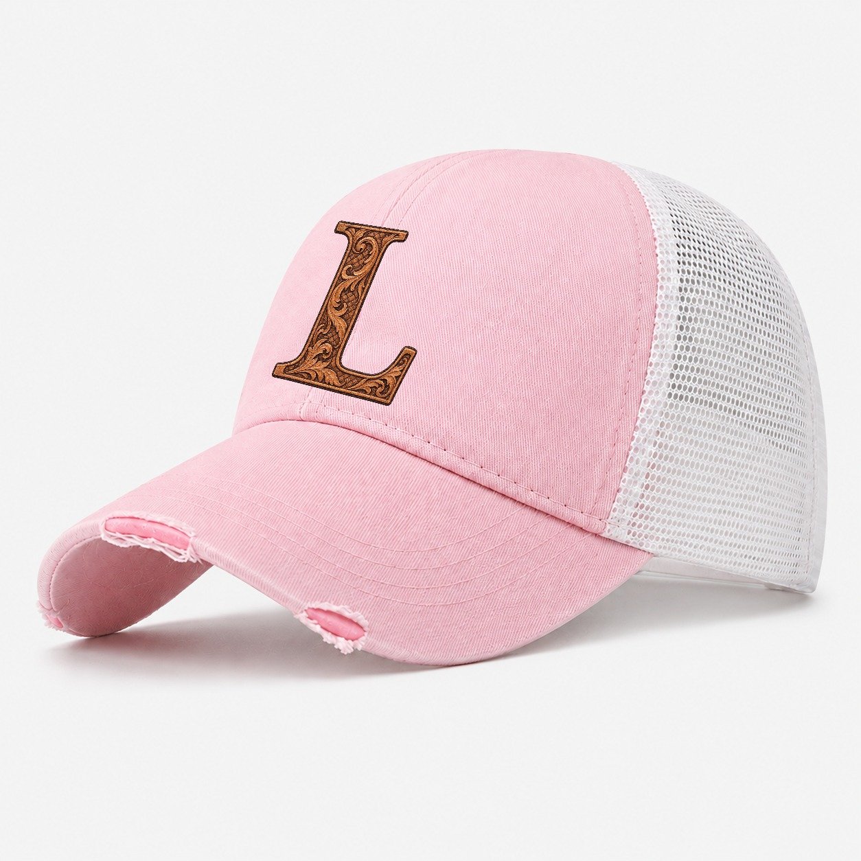 Tooled Leather L Monogram Washed Trucker Hat – Light Pink