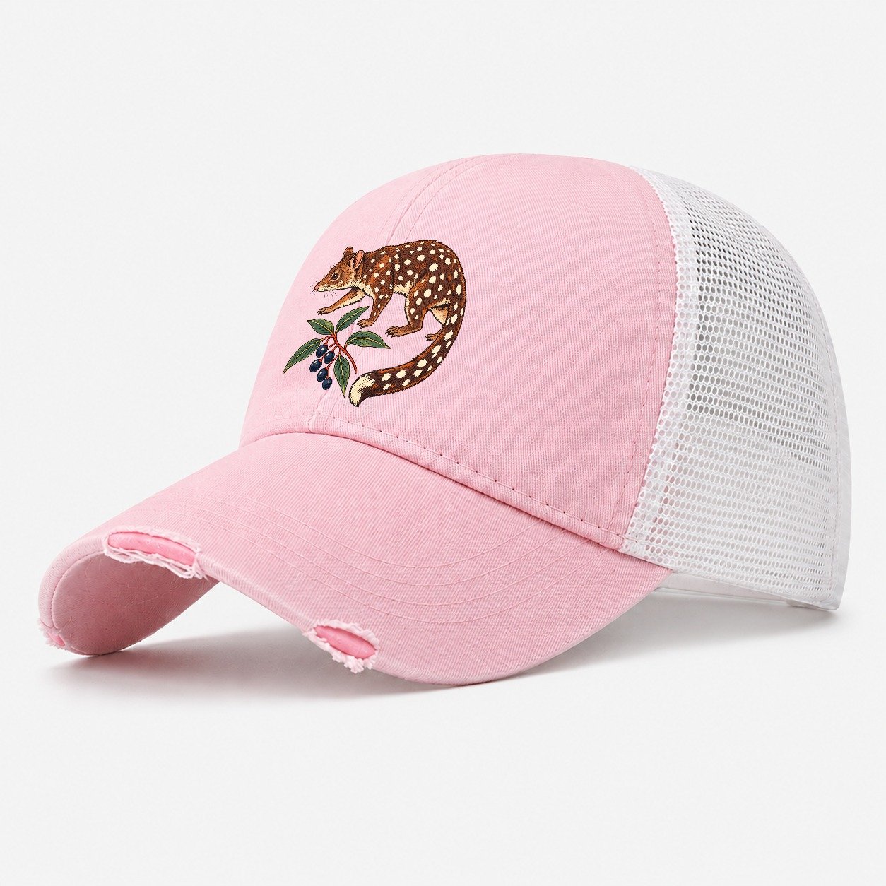 Spotted Tail Quoll And Mountain Pepper Berries Australia Cultural Icons Washed Trucker Hat – Light Pink