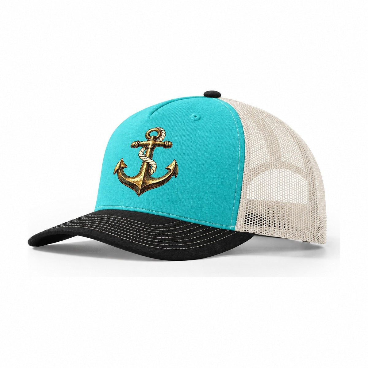 Anchor With Rising Coil Pastimes Companions Trucker Hat – Aqua Black White