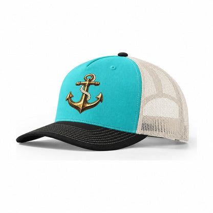 Anchor With Rising Coil Pastimes Companions Trucker Hat – Aqua Black White