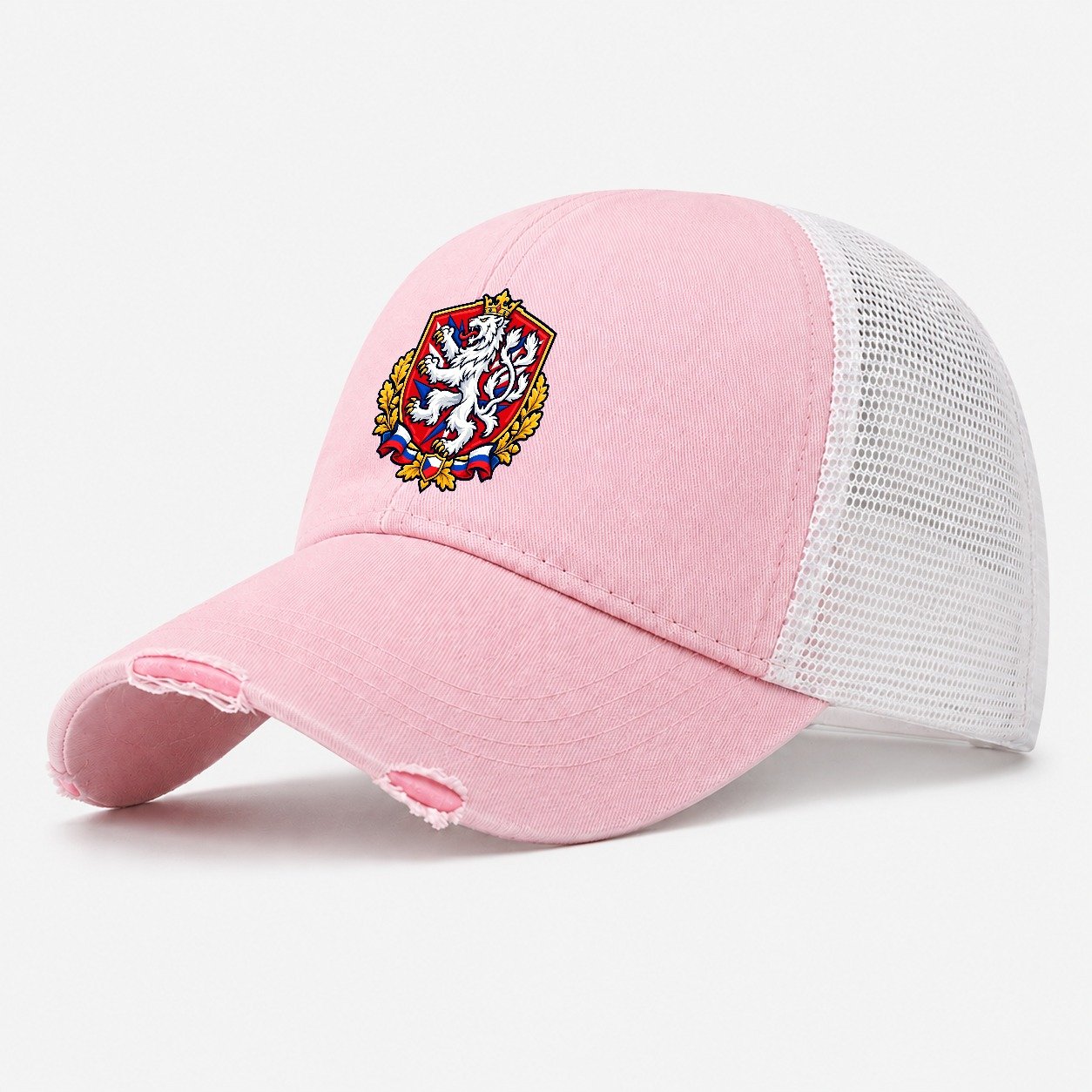 Czech Republic Heraldic Crest Country Logos Washed Trucker Hat – Light Pink
