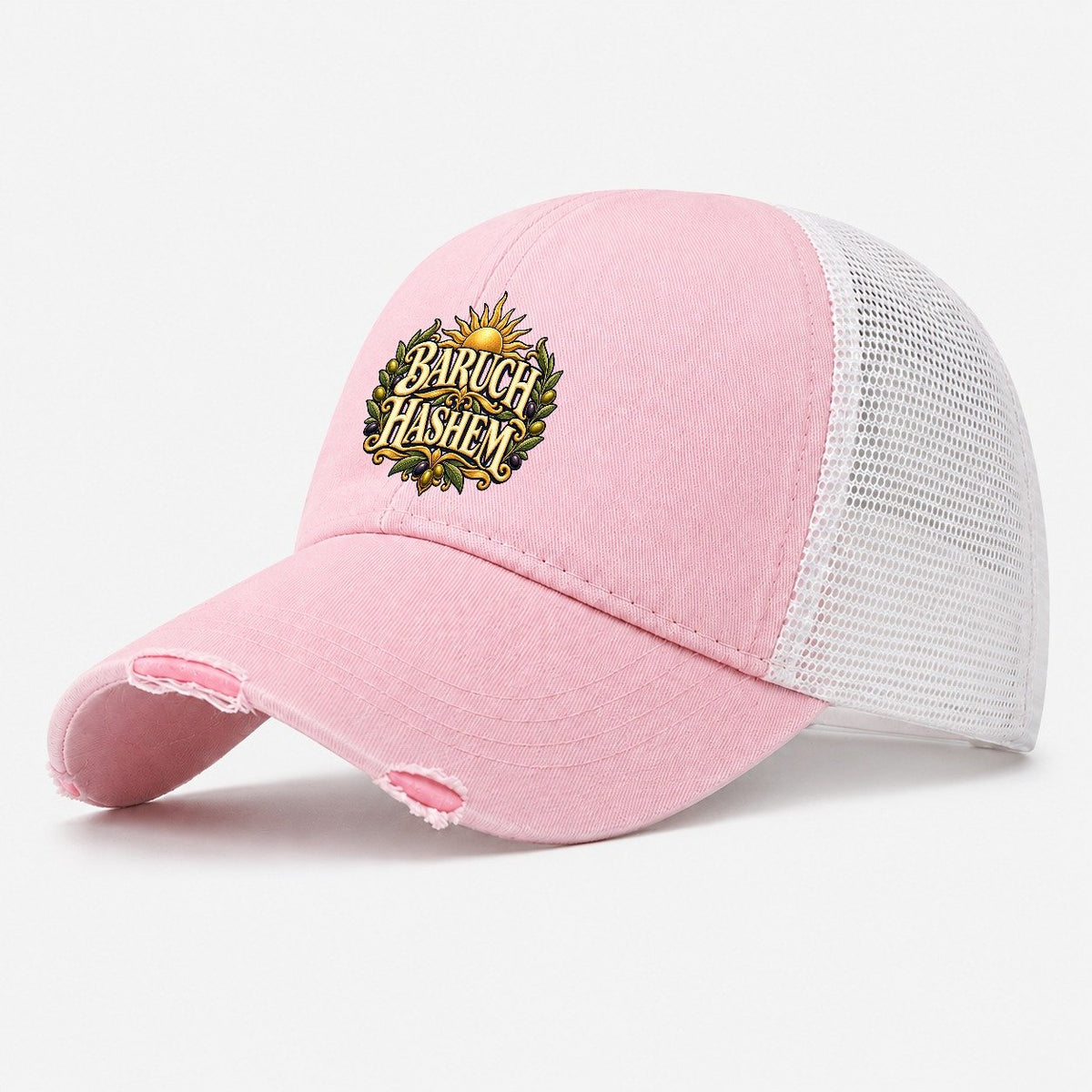 Baruch Hashem Sunlit Letters Everyday Originals Washed Trucker Hat – Light Pink