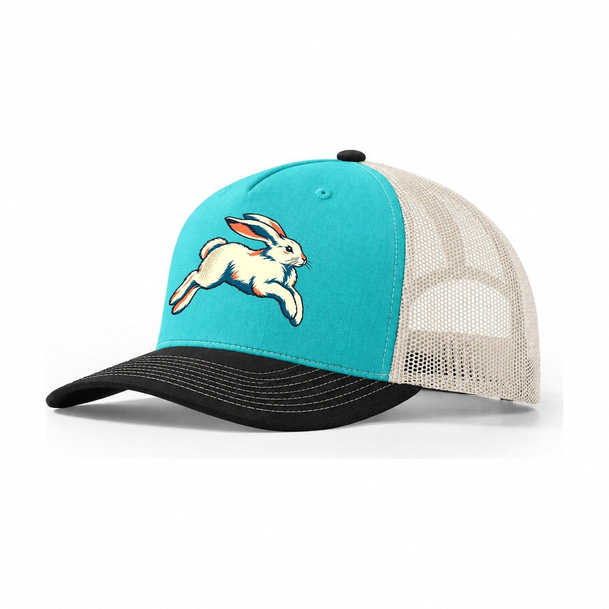 Arctic Hare Leap Trucker Hat – Aqua Black White