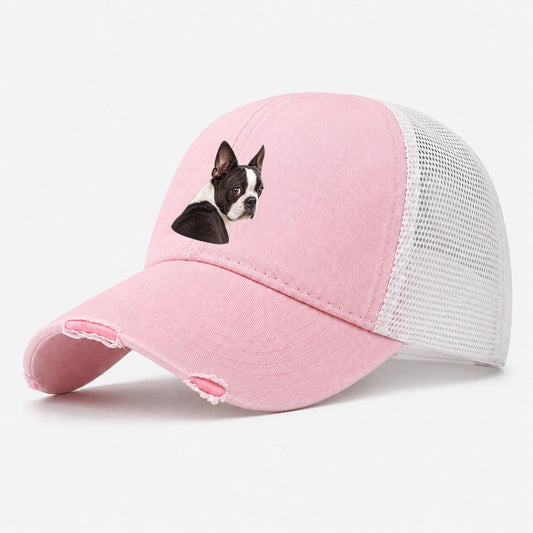 Boston Terrier Over The Shoulder Character Club Washed Trucker Hat – Light Pink