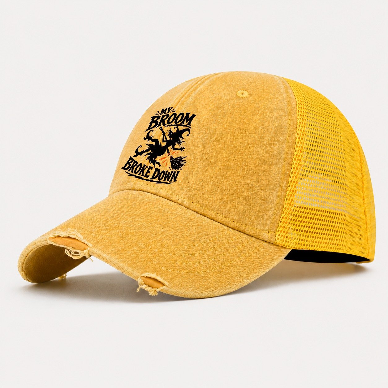 My Broom Broke Down Slogan Witch Magic Washed Trucker Hat – Yellow