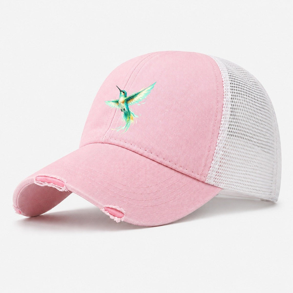 Teal Watercolor Hummingbird Washed Trucker Hat – Light Pink