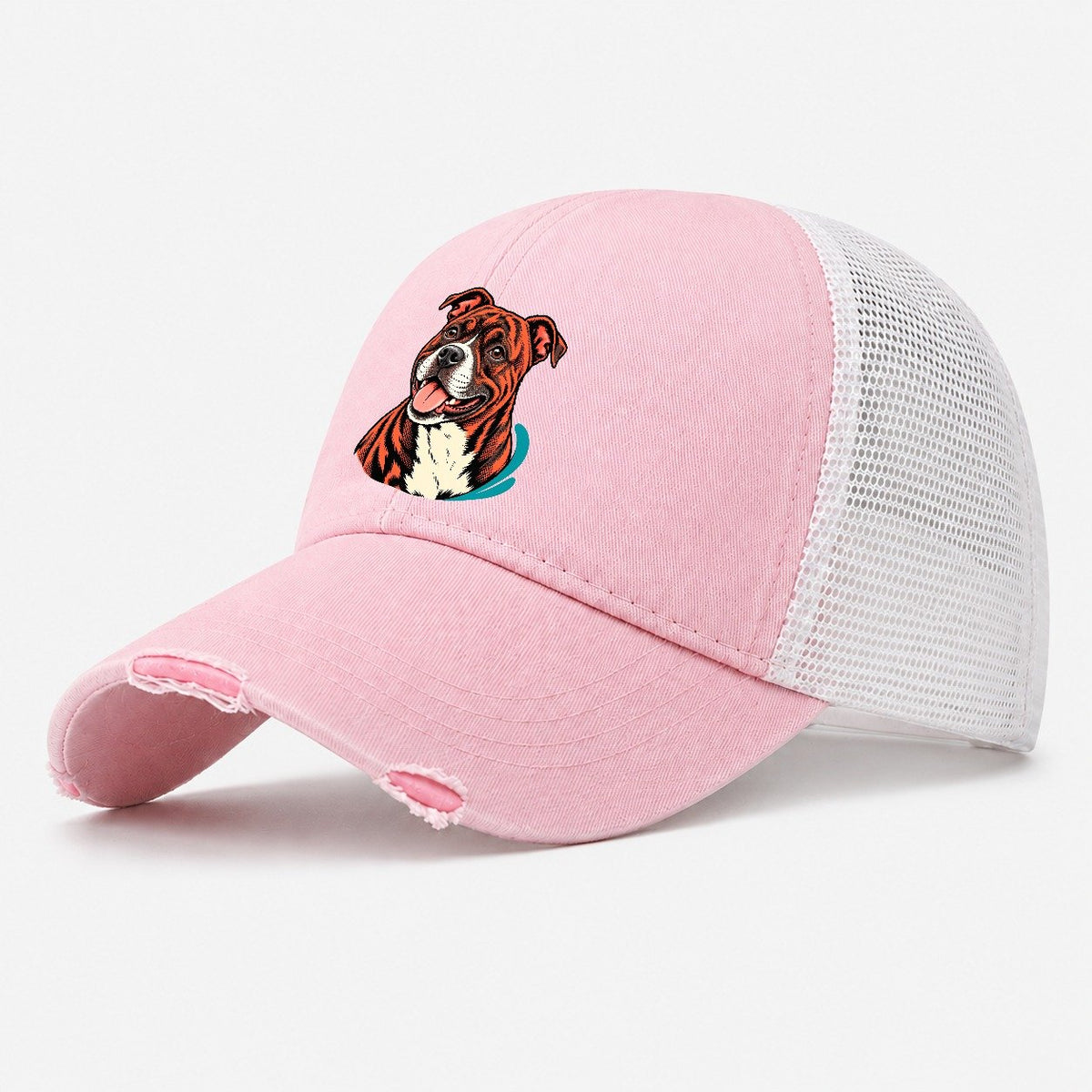 Happy Pitbull Pop Art Portrait Washed Trucker Hat – Light Pink