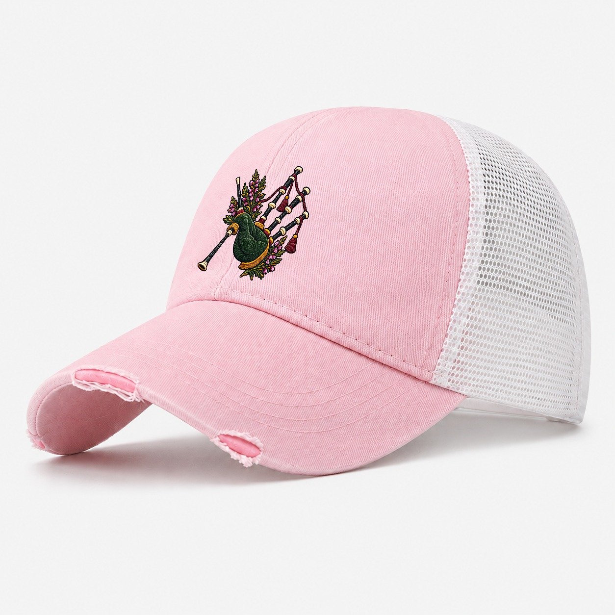 Scottish Bagpipes And Heather Uk Culture Heritage Washed Trucker Hat – Light Pink