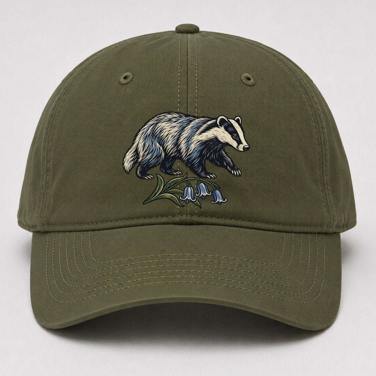 British Badger With Bluebell Sprig Uk Culture Heritage Baseball Cap – Army Green