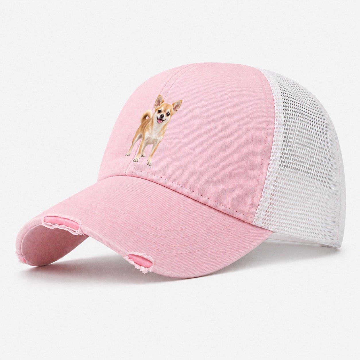 Chihuahua Standing Top Breeds Washed Trucker Hat – Light Pink