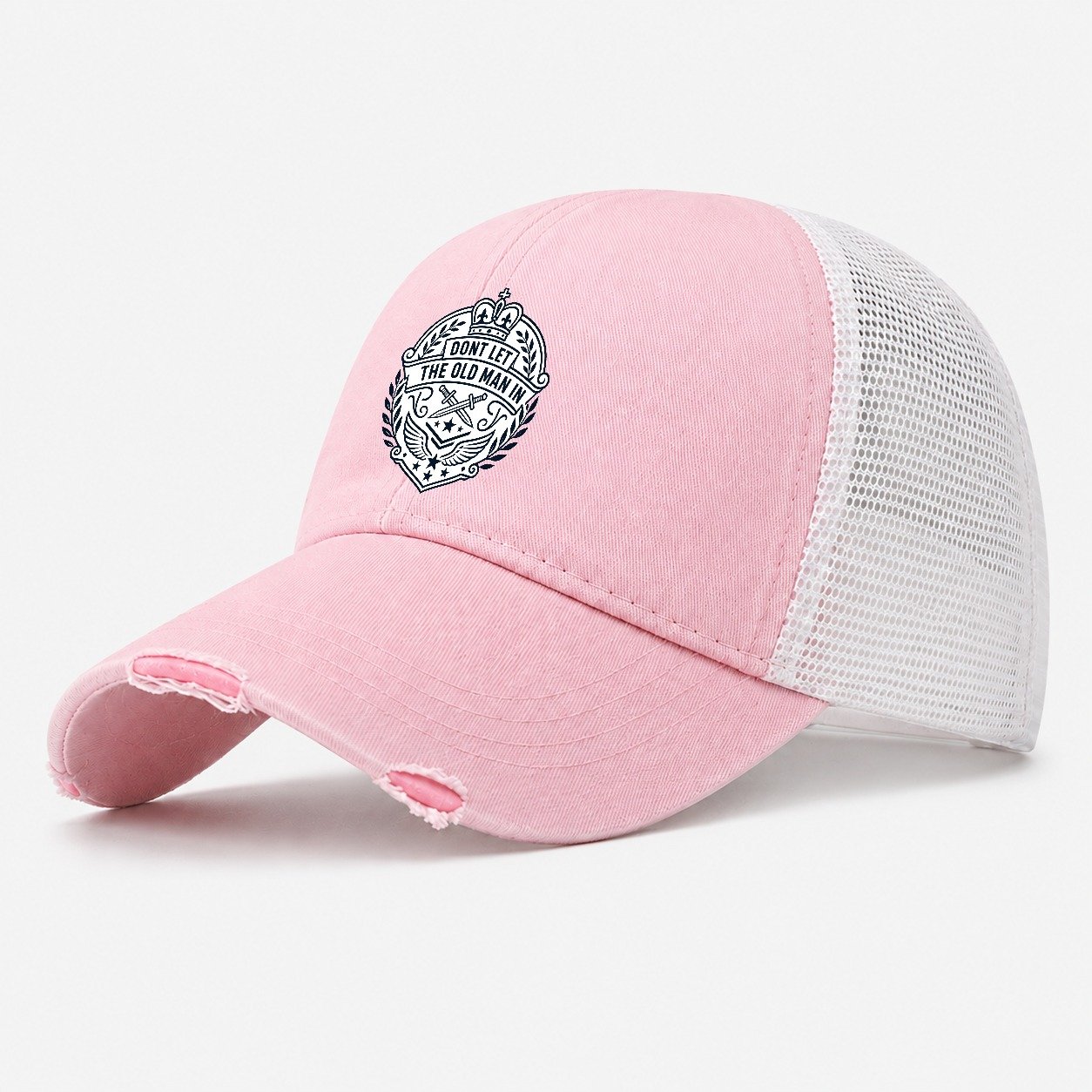 Don't Let the Old Man In Line Art Washed Trucker Hat – Light Pink