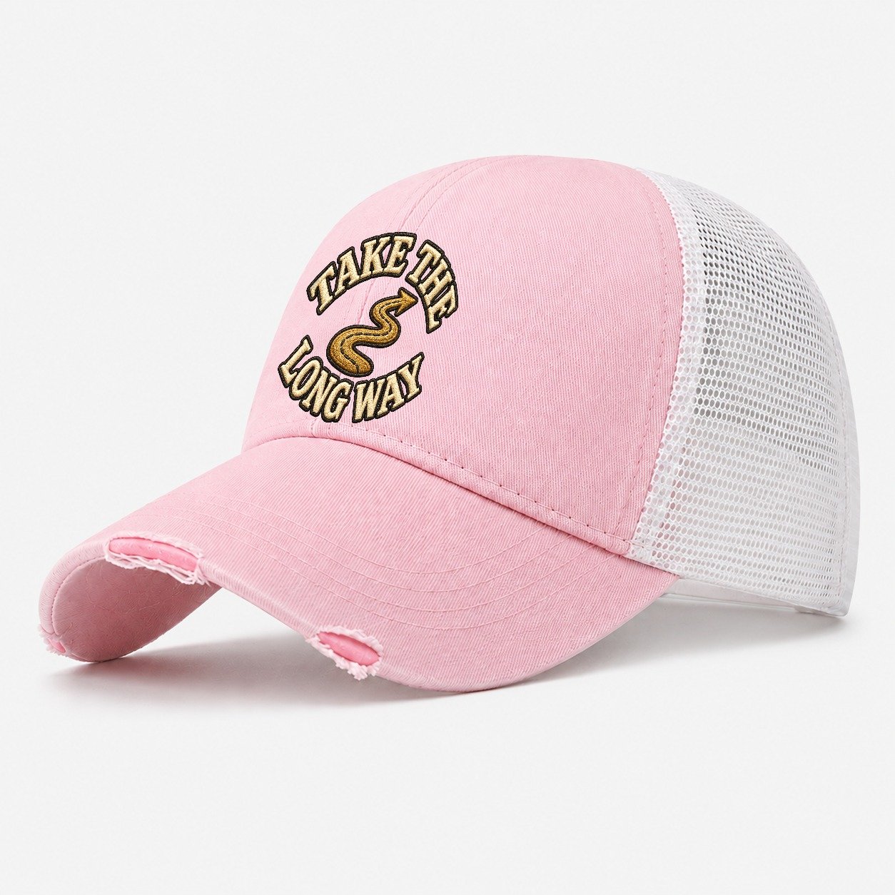 Take The Long Way Off Roading And Overlanding Washed Trucker Hat – Light Pink